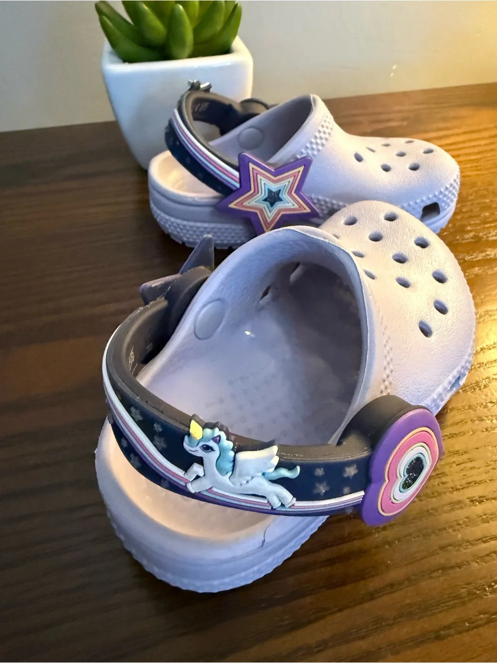 CROCS Kids Classic Clog in Lavender with Navy Strap and Unicorn Charm